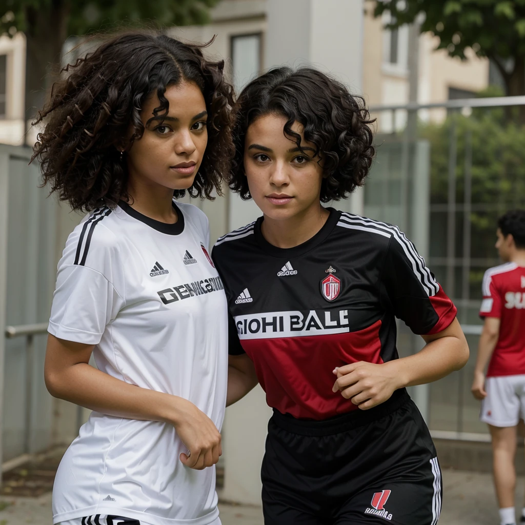 a black woman with curly hair: and with a white man with very short black hair wearing the Milan football team shirt