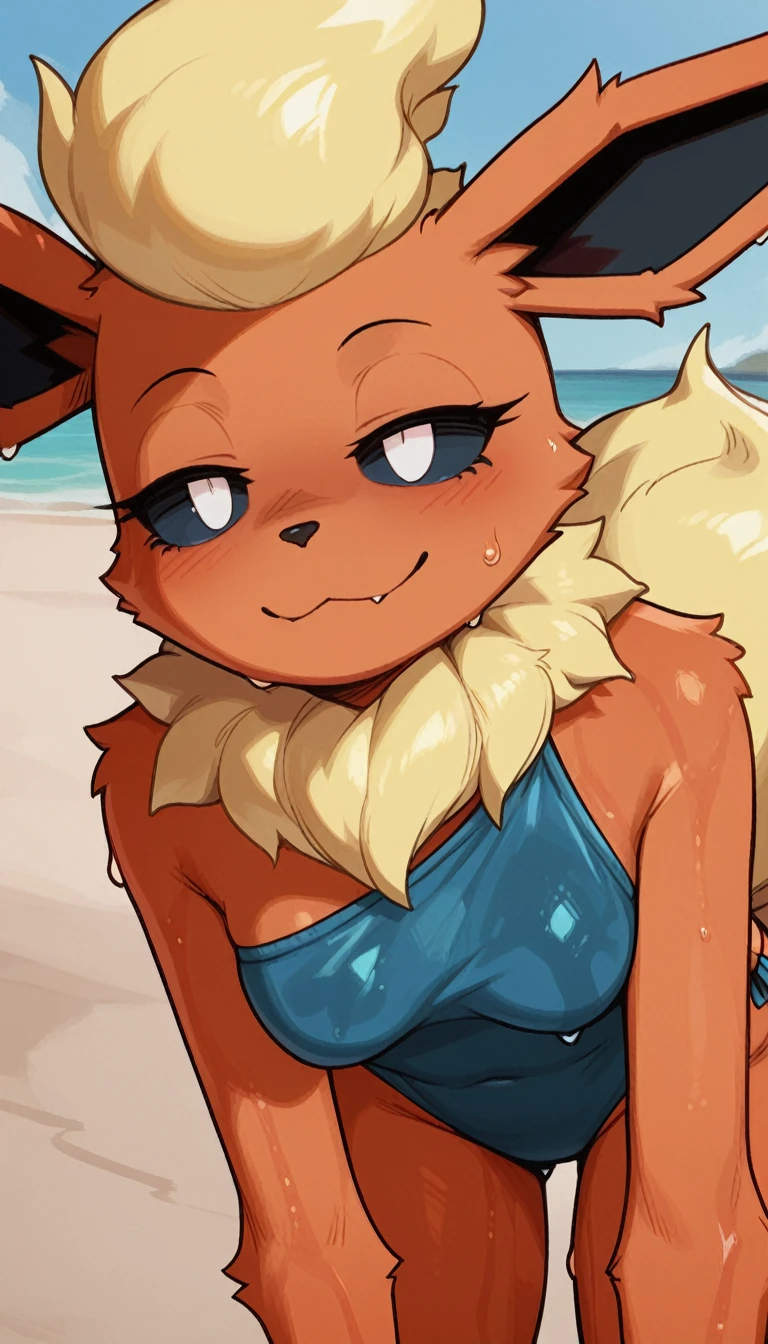 Excited expression, 1girl, anthro, furry, fur, fluffy fur, flareon girl, yellow hair (red highlights), black sclera, white eyes, short hair, Messy hair, (19 years), medium breast, thicc thighs, solo, (beach), detailed, smug smile, blue bikini, (sweating), bent over, (wet hair), (wet body), half-closed eyes, score_9, score_8_up, score_7_up, score_6_up, score_5_up, score_4_up