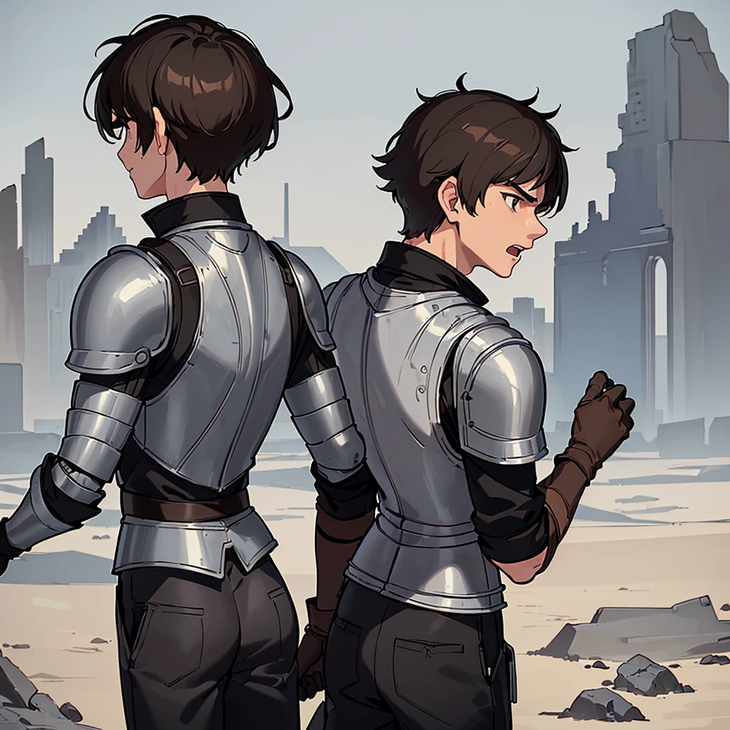 ((((Solo))))、((((Get Ready))))、Best illustrations、Best Quality、(((Simple grey armor、Black trousers、Black gloves、Short Hair、Brown Hair、20 year old man)))、(Old ruins、desert。Grass)、(get annoyed、Open your mouth、Get angry)、battlefield、(White background)、(From the back、back view)
