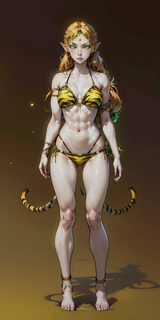 tsundere elf full body toe to head, long hair, blonde hair (green eyes:1.1) pointy ears, elf, multicolored hair, forehead jewel, yellow tiger bikini, standing symmetrical, plain background