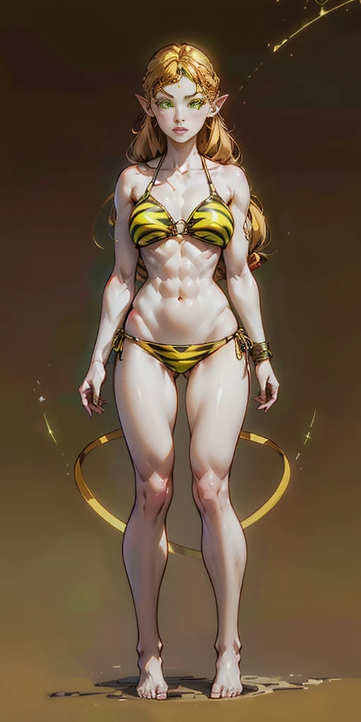 tsundere elf full body toe to head, long hair, blonde hair (green eyes:1.1) pointy ears, elf, multicolored hair, forehead jewel, yellow tiger bikini, standing symmetrical, plain background