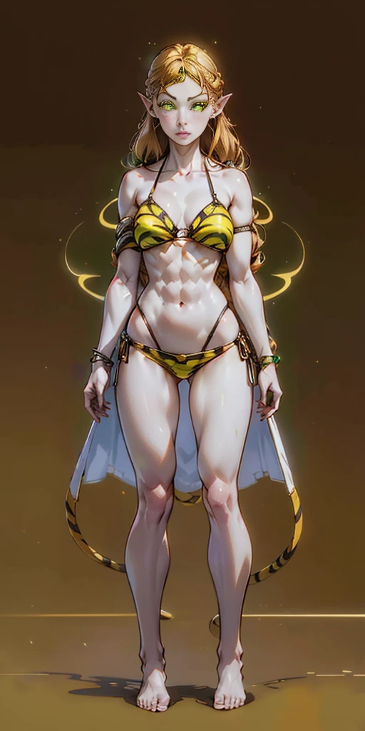 tsundere elf full body toe to head, long hair, blonde hair (green eyes:1.1) pointy ears, elf, multicolored hair, forehead jewel, yellow tiger bikini, standing symmetrical, plain background