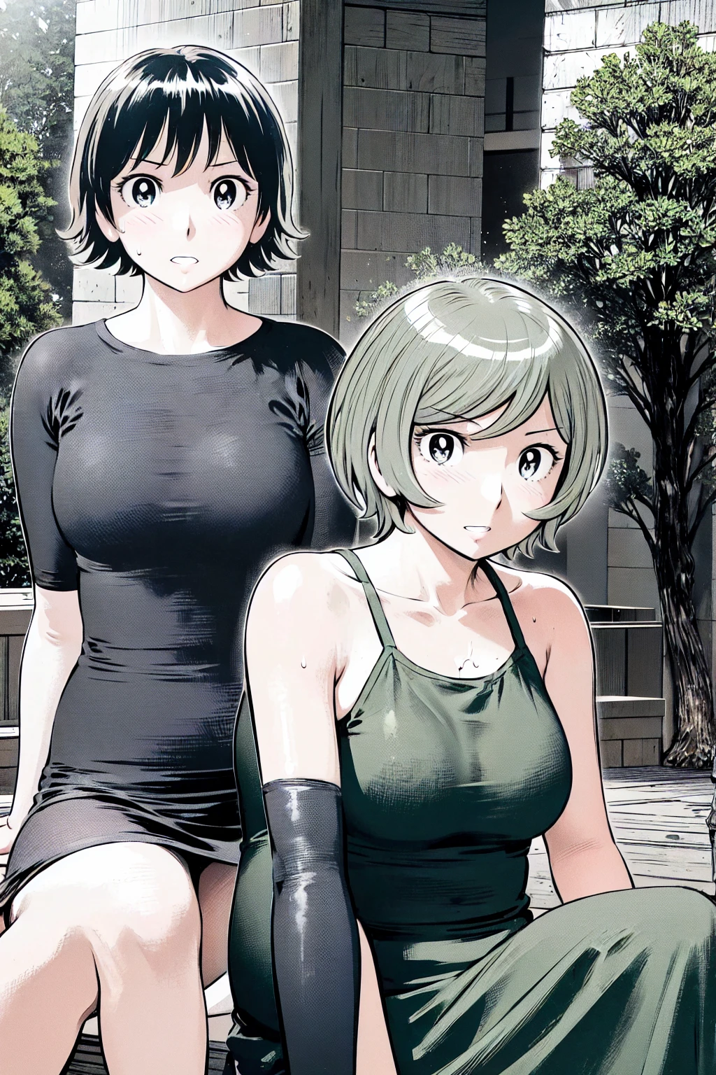 、(masterpiece、Highest quality)、Highest quality, Ultra-high resolution, (((masterpiece))), alone, Sweat、Big eyes, Sleeveless、Outdoor、Floral Dress、Composition from the front、(後ろCut your hair short、short hair、blonde、woman)、Shortcuts、Embarrassed face、Cut your hair short、可愛いwomanの子、Big Breasts、Browsing Caution