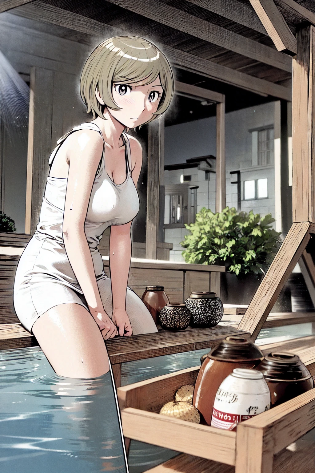 、(masterpiece、Highest quality)、Highest quality, Ultra-high resolution, (((masterpiece))), alone, Sweat、Big eyes, Sleeveless、Outdoor、Floral Dress、Composition from the front、(後ろCut your hair short、short hair、blonde、woman)、Shortcuts、Embarrassed face、Cut your hair short、可愛いwomanの子、Big Breasts、Browsing Caution