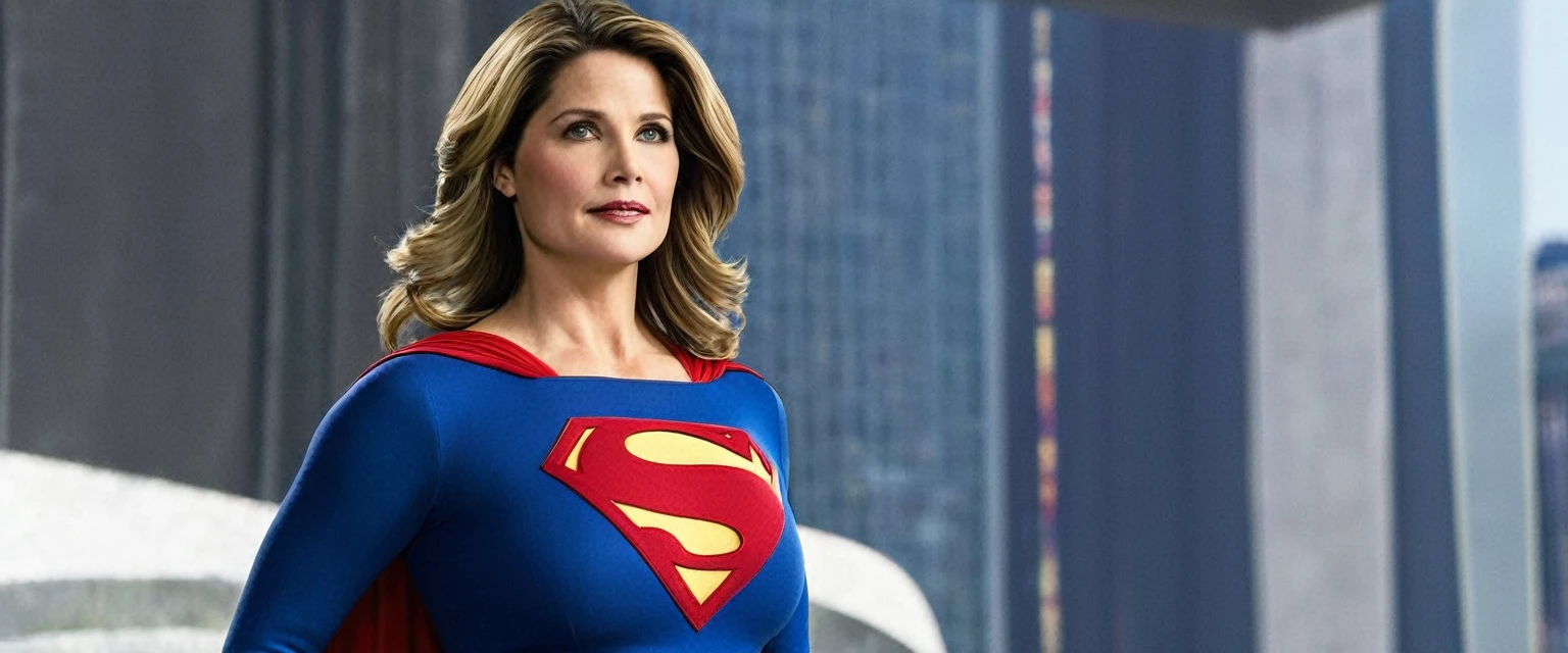 Powers of Lorraine Bracco(big fat woman; powerful; trusting; higher) 2024 (((Woman defined body strong and firm large breasts; Supergirl 1984s costume dress))) as Supergirl(((Filme da Supergirl de 2024 de Lorraine Bracco))); floating in mid - air.
