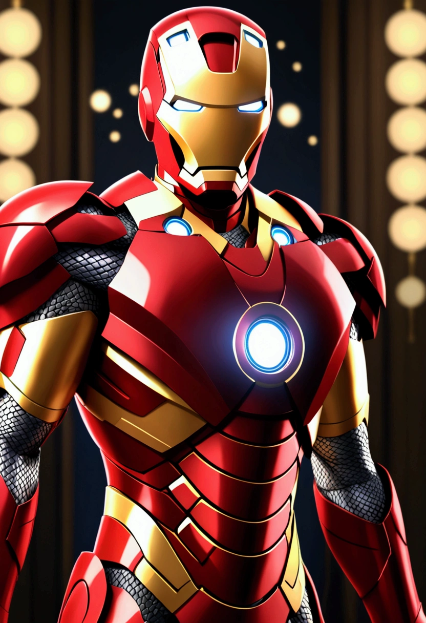 Iron Man Costume of Saint Seiya Wearing，full body like，fighting，close up，of a real，Facial features are carefully rendered.，realistic skin texture，dark style，Depth of fields，Stand out，true light，ray tracing，OC rendering，Hyper realistic，The best quality，8k，Works of masters，super-fine，Detailed pubic hair，correct anatomy，sharp focus on eyes，bokeh，Facial features are carefully rendered.