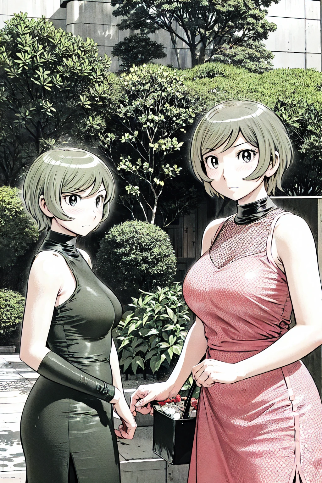 、(masterpiece、Highest quality)、Highest quality, Ultra-high resolution, (((masterpiece))), alone, Sweat、Big eyes, Sleeveless、Outdoor、Floral Dress、Composition from the front、(後ろCut your hair short、short hair、blonde、woman)、Shortcuts、Embarrassed face、Cut your hair short、可愛いwomanの子、Big Breasts、Browsing Caution