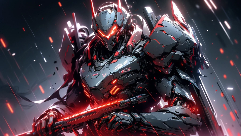 ((Color and white predominate)). realist, resplendent, reflective, bioluminico, galactic cybernetic mask, mecha, ((cyber killer:1.2)), sh4g0d, glowing runes_Red and white, Whole body, cinemactic, dark background, white backlight, high contrast,