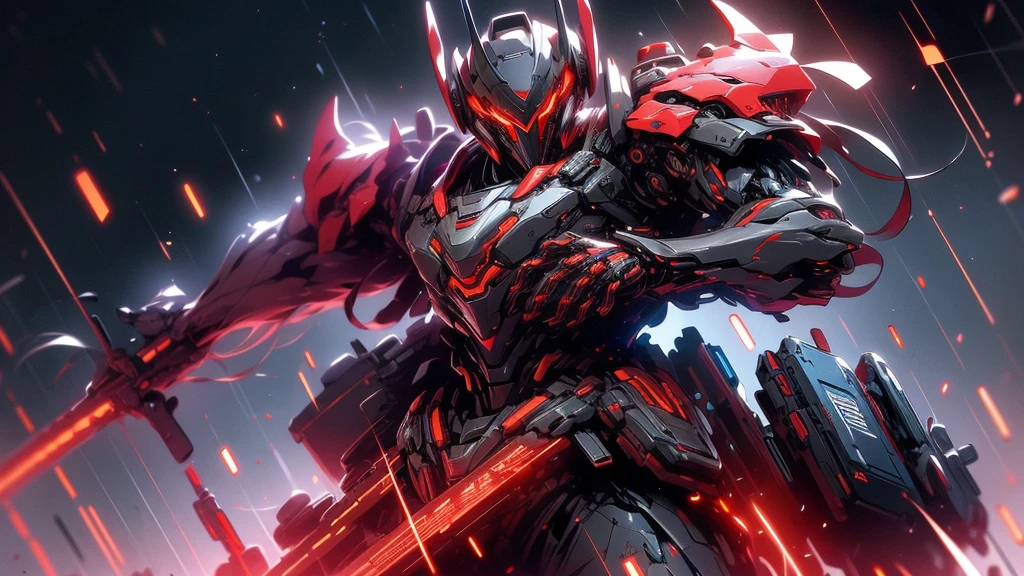 ((Color and white predominate)). realist, resplendent, reflective, bioluminico, galactic cybernetic mask, mecha, ((cyber killer:1.2)), sh4g0d, glowing runes_Red and white, Whole body, cinemactic, dark background, white backlight, high contrast,
