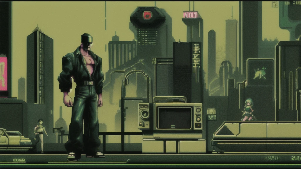 Green theme, limited color, gb_pallette, masterpiece, Best Quality, Retro cyberpunk 8-Bit image, 90s, SEGA Style, 16:9 1080p, 1280x720 widescreen, Wallpaper, retro, 