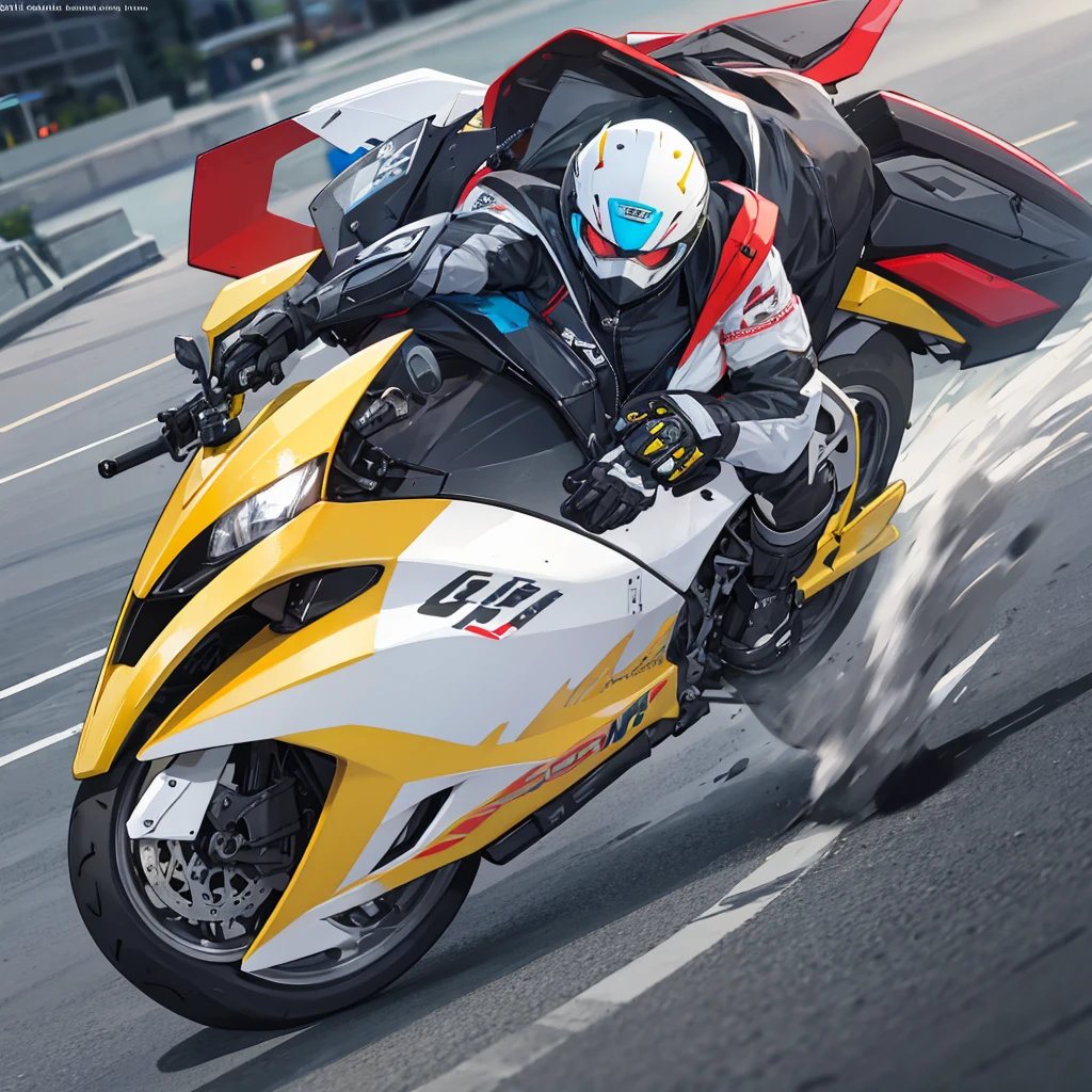 Side progile of a young man riding motor cycle full speed