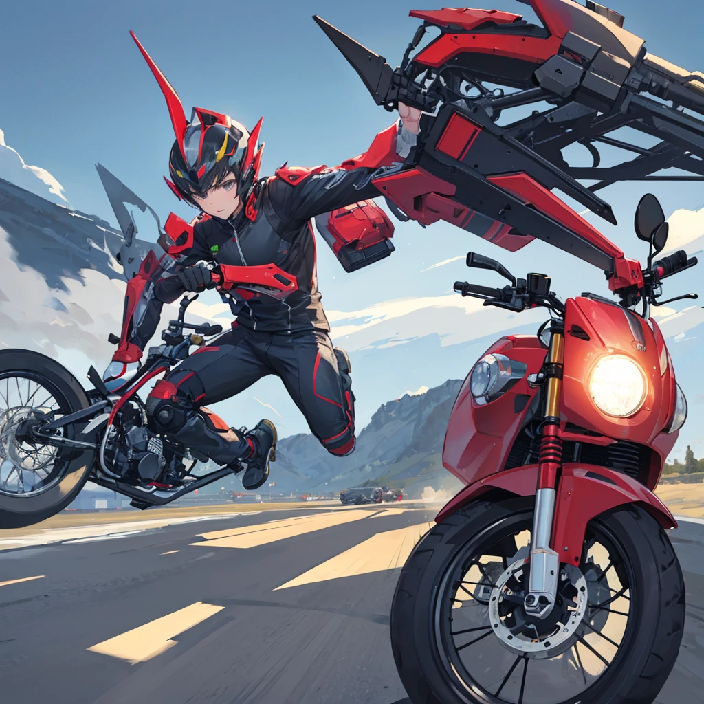 Side progile of a young man riding motor cycle full speed