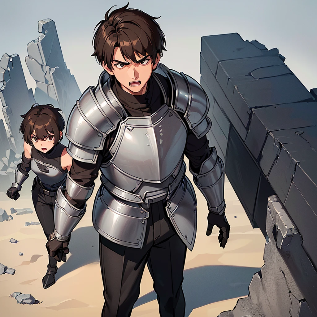 ((((Solo))))、((((Get Ready))))、Best illustrations、Best Quality、(((Simple grey armor、Black trousers、Black gloves、Short Hair、Brown Hair、20 year old man)))、(Old ruins、desert。Grass)、(get annoyed、Open your mouth、Get angry)、battlefield、(White background)、(From above at an angle)