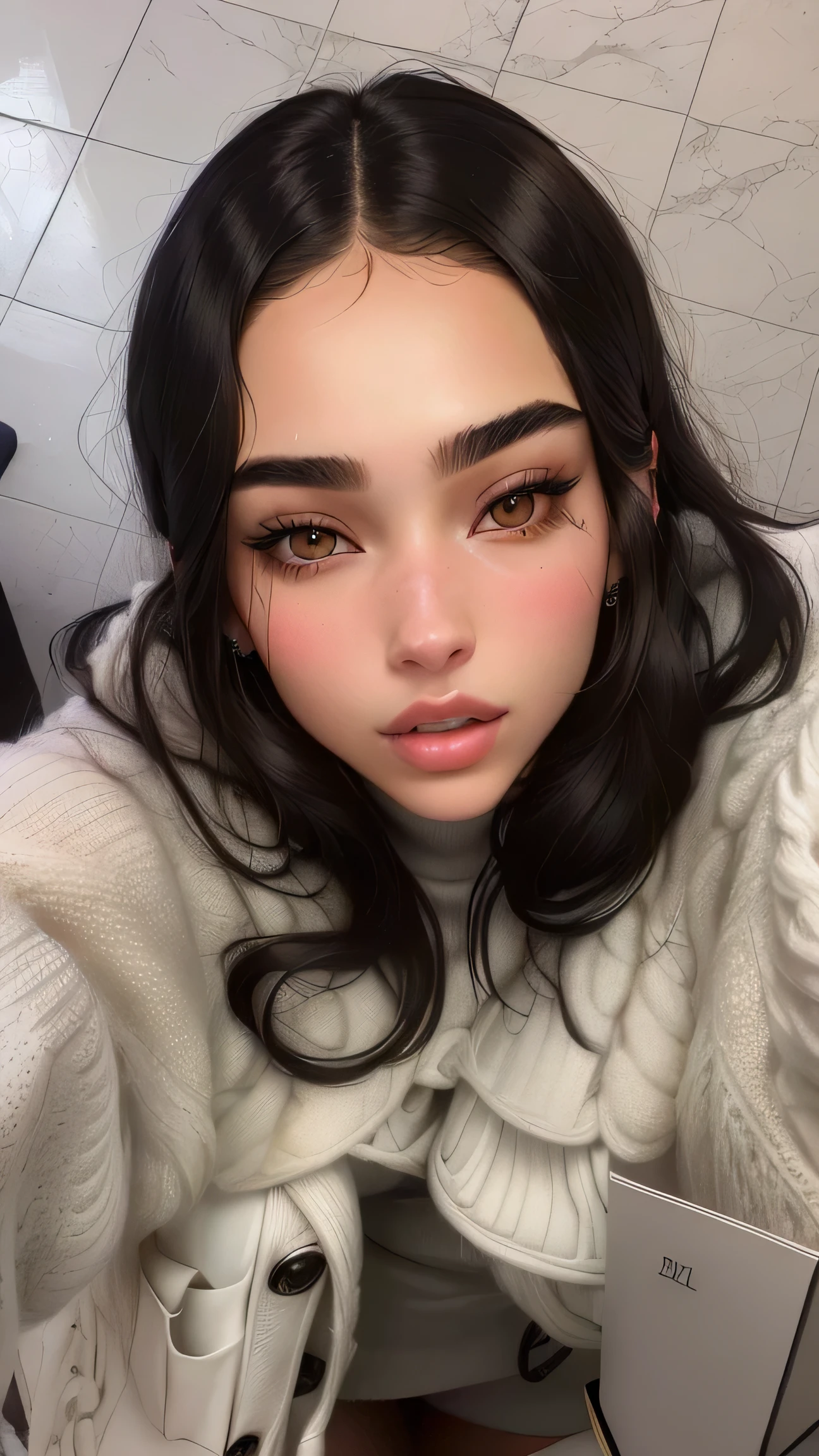 Arafed woman with long dark hair and a white sweater., Dua Lipa, Portrait Sophie Mudd, madison beer, close your face, bella poarch, portrait Emily Ratajkowski, perfect face, big cheekbones, Face like Ester Exposito, beautiful look, Emily Ratajkowski, sensual look, Cara sexy, 18 years