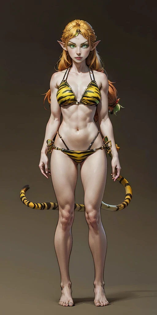 tsundere elf full body toe to head, long hair, blonde hair (green eyes:1.1) pointy ears, elf, multicolored hair, forehead jewel, yellow tiger bikini, standing symmetrical, plain background