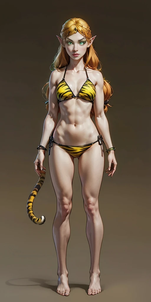 tsundere elf full body toe to head, long hair, blonde hair (green eyes:1.1) pointy ears, elf, multicolored hair, forehead jewel, yellow tiger bikini, standing symmetrical, plain background