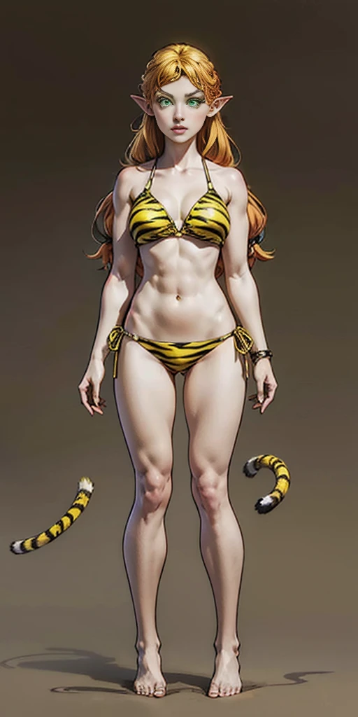 tsundere elf full body toe to head, long hair, blonde hair (green eyes:1.1) pointy ears, elf, multicolored hair, forehead jewel, yellow tiger bikini, standing symmetrical, plain background