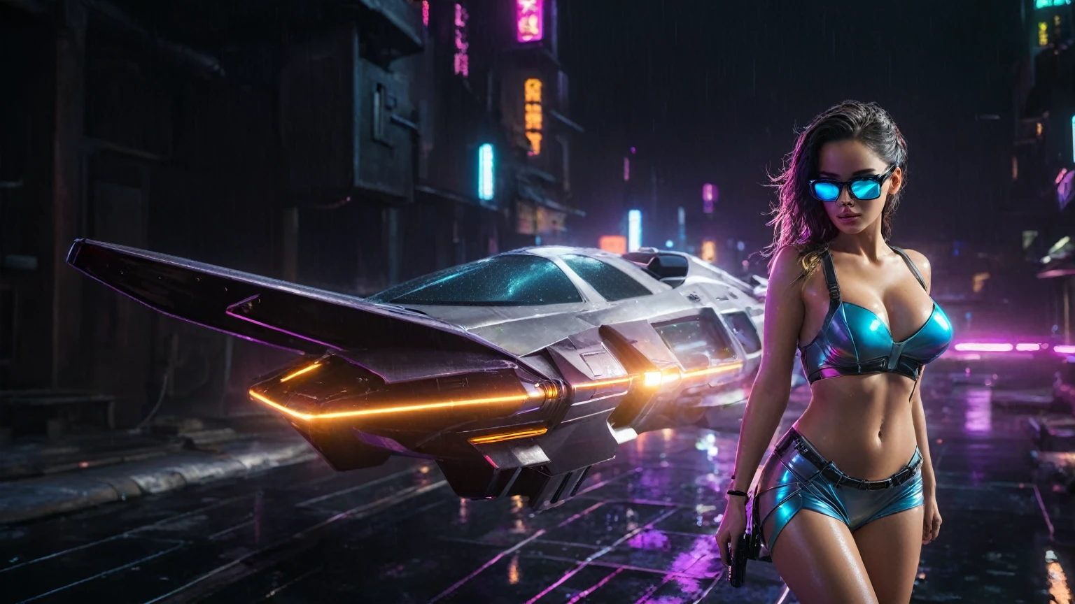 (aerial view, a flying cars docking platform, a very dark abandoned futuristic city, neon lights), rainy night. 1girl, solo, alone, large-breast:1.2 slim body, cleavage:1.1, sexy wind blowing wet dress:1.4, (headphone, black sunglasses), (((she raised:1.8 a pistol:1.8 and took aim))), dynamic pose, (((half-body thigh level medium shot))), cinematic lighting, lens flare, ray tracing.