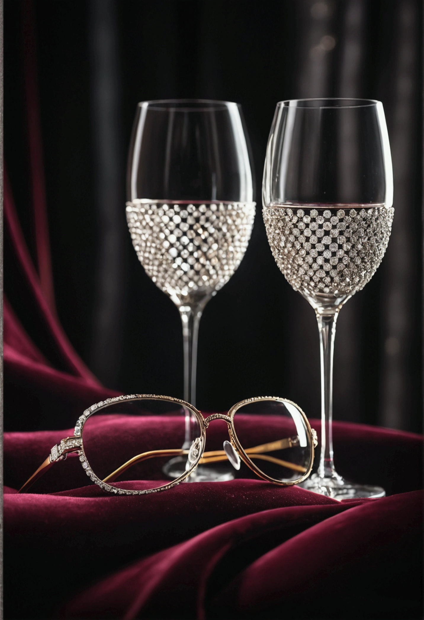 A stunning 14k photograph of a pair of luxurious glasses adorned with sparkling diamonds. The glasses rest on a velvet cushion, with a soft spotlight illuminating them. The background is a blurred, dark, and moody scene that complements the elegant and sophisticated feel of the glasses. The overall atmosphere is glamorous and mysterious., cinematic, photo