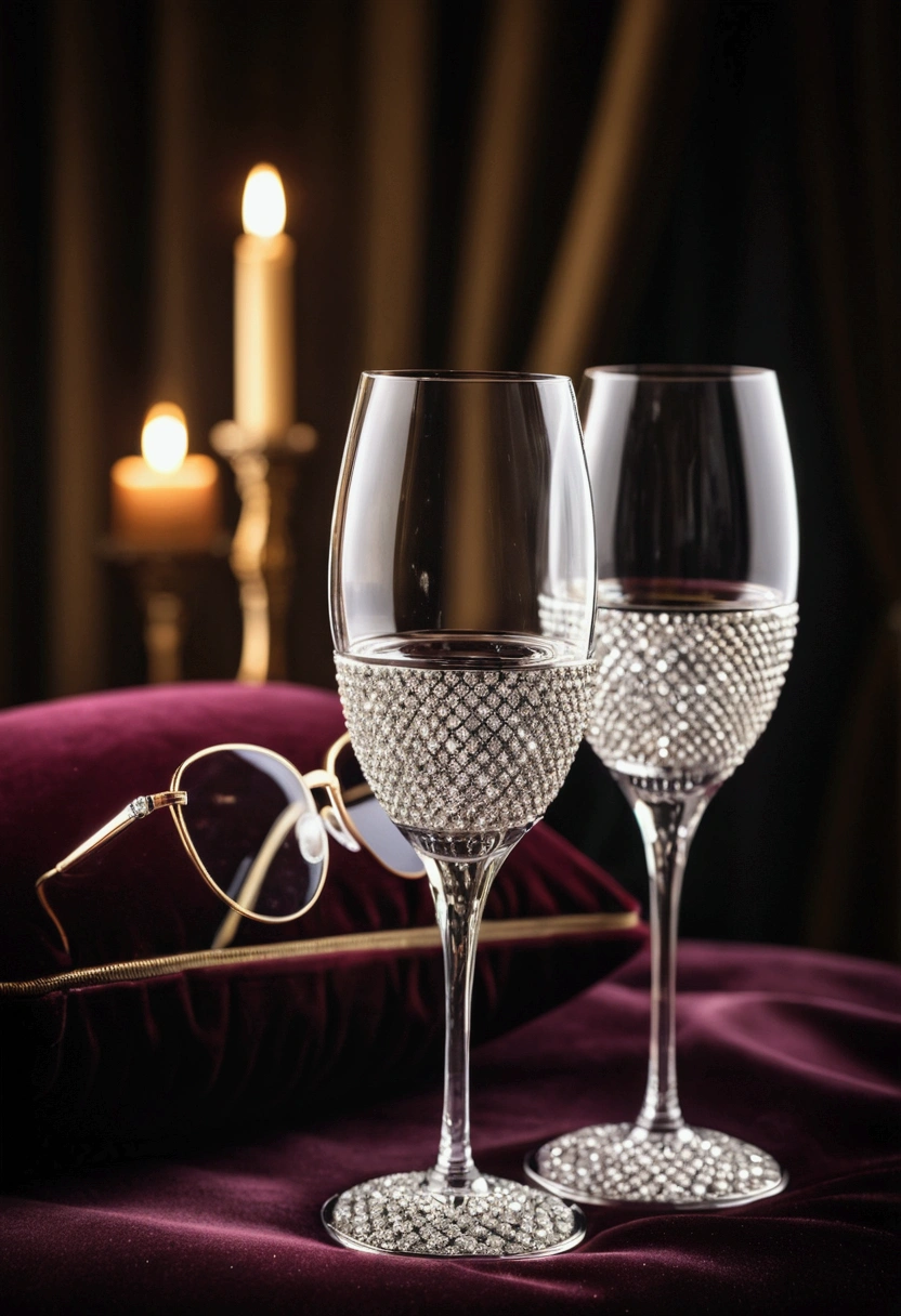 A stunning 14k photograph of a pair of luxurious glasses adorned with sparkling diamonds. The glasses rest on a velvet cushion, with a soft spotlight illuminating them. The background is a blurred, dark, and moody scene that complements the elegant and sophisticated feel of the glasses. The overall atmosphere is glamorous and mysterious., cinematic, photo