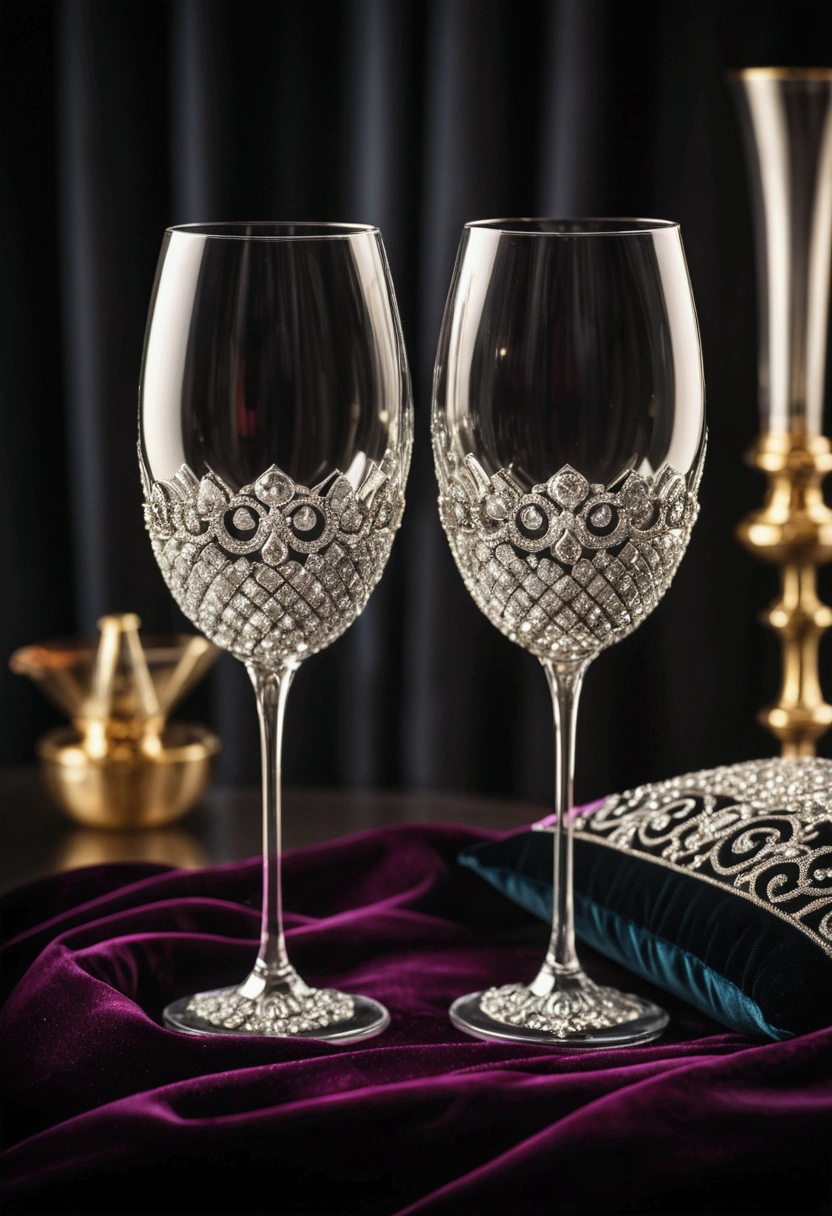 A stunning 14k photograph of a pair of luxurious glasses adorned with sparkling diamonds. The glasses rest on a velvet cushion, with a soft spotlight illuminating them. The background is a blurred, dark, and moody scene that complements the elegant and sophisticated feel of the glasses. The overall atmosphere is glamorous and mysterious., cinematic, photo