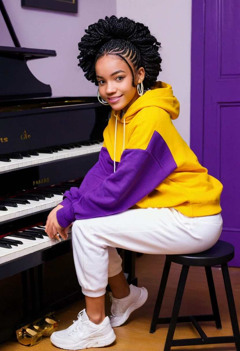 (masterpiece, best quality), deep ebony 1girl, beautiful face, short Afro braids , cute, , beautify, Lofi vibe,, cute night vibe, concentrated, hands outside of the picture, music studio, piano on the background, , purple and yellow hoddie, white trousers , not sexy, cute look, clothing is dry and baggy, small breasts, teen vibe, jogging, cute smile