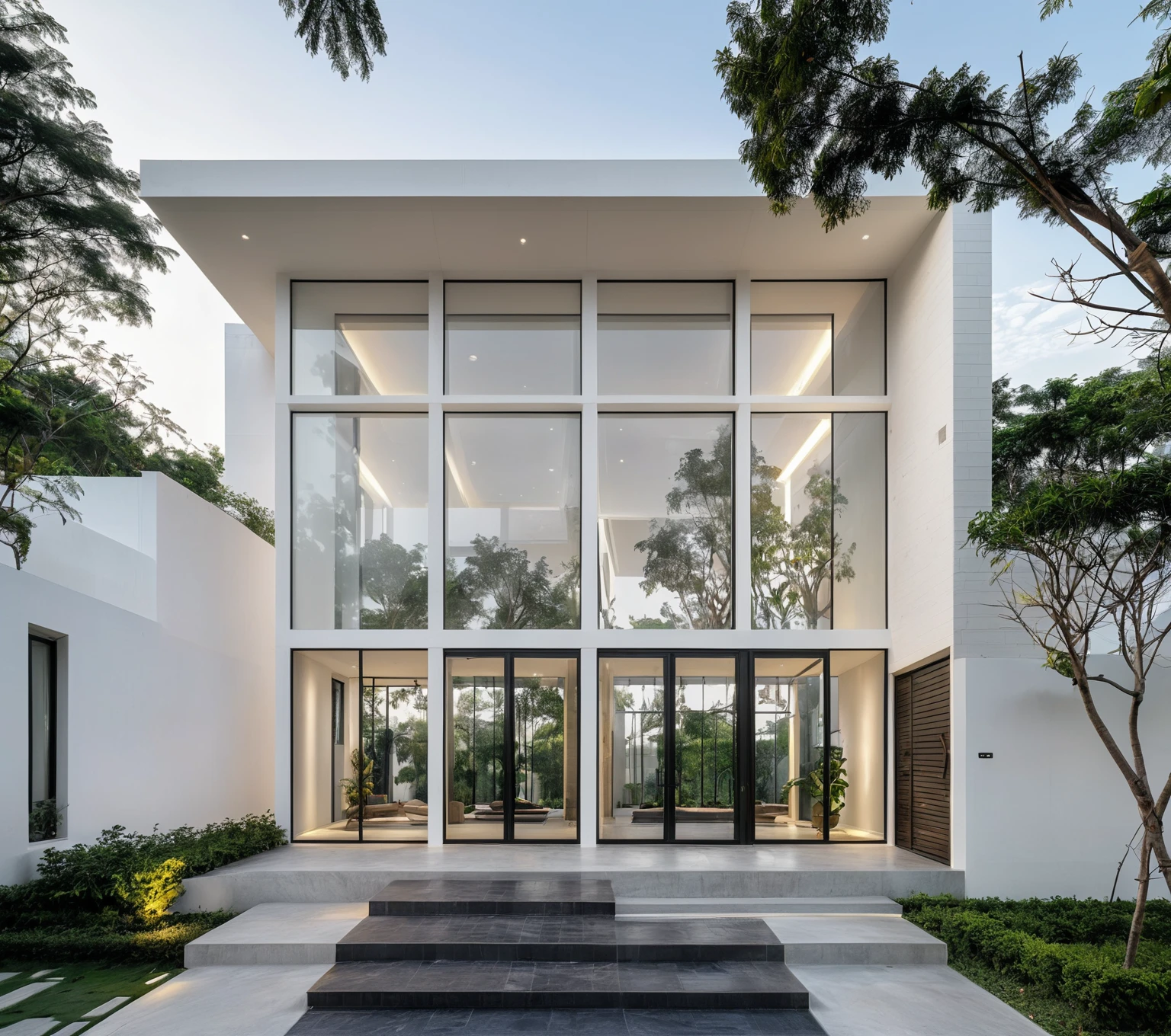 RAW photo, a photo of a modern house, (curvilinear archrchitecture:1.4), Wabisabi style rounded wall, white wall, steel black gate, sidewalk, sidewalk trees, ((grey gate:1.2)), road, viet nam modern residence, ((architectural shot)), rough white wall, new residential area, wide angle exterior 2022, contemporary house, exterior photography, masterpiece, contemporary architecture, overcast, indirect lighting