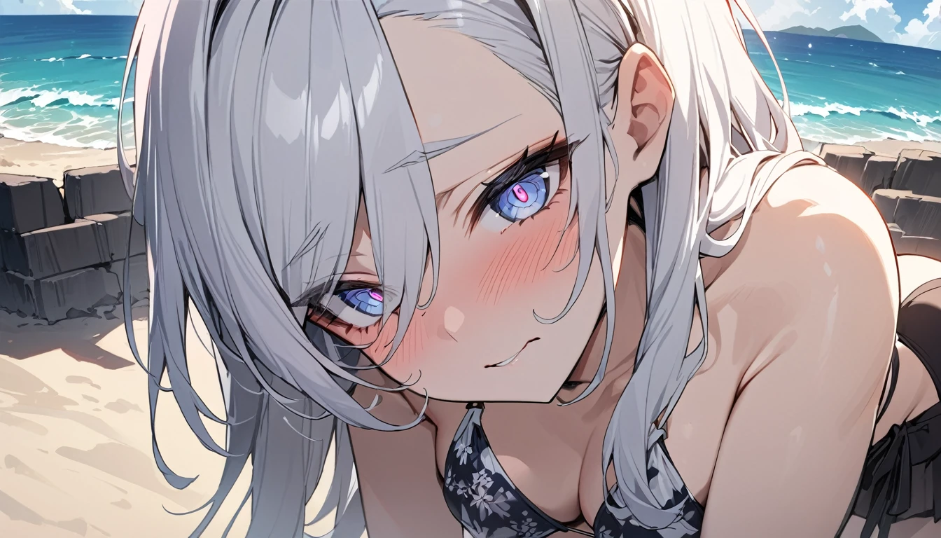 masterpiece, High resolution, perfect face, Japan beauties, 30 years old, beautiful face, beach, sexy bikini, embarrassed look, look at the camera, (top quality eyes), detailed texture, Look at me, Married woman, cool women, ((high resolution eyes)), hentai, white skin