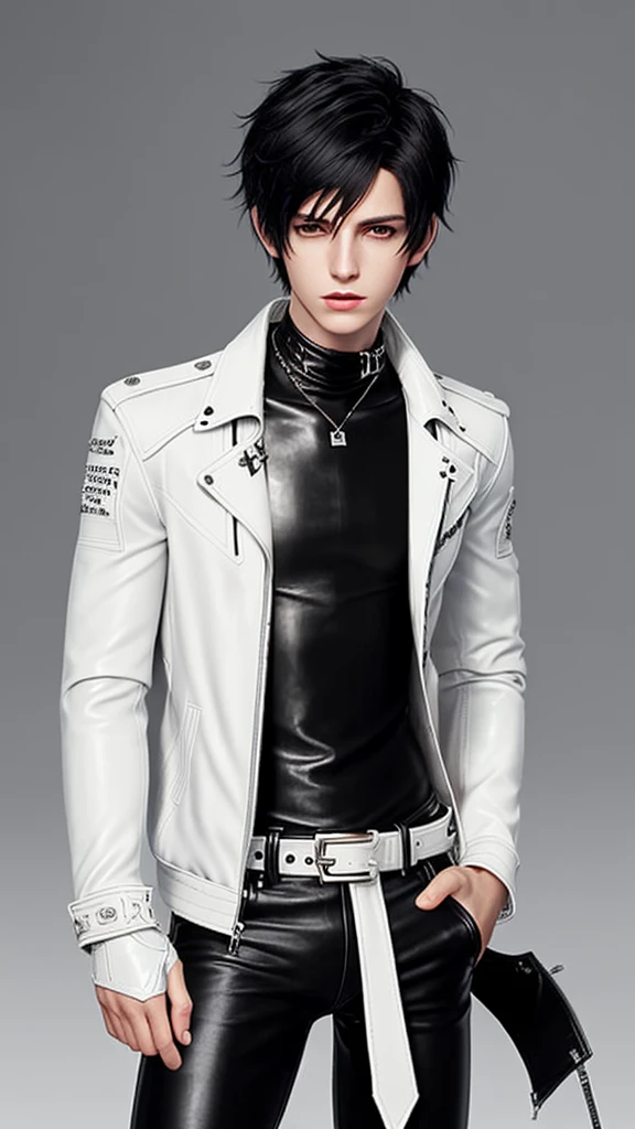 Final fantasy taste and reality graphics, Japanese young cute and cool ikemen boy, his age is early 20s, thin eyebrows and beady eyes, ((he wearing off white color leather thick material jacket)), ((jacket is singlebrest)), biker style jacket, with epaulet, jacket is long sleeve, ((must close the front of the leather jacket)), , ((voluminous leather jacket)), ,((must jacket is high length and stand-up collar with two belts)), jacket is a little black color line pattern,close the front of the jacket, also wearing black thick material turtleneck lackluster shirts, tight black leather pants, ((black leather tight and thin glove)), ((black leather knee-high raceup boots)),((must views head-to-toe)),((must views whole body)), boy looks like fashion model,Do not show skin from the neck down,leather jacket leather glove and leather pants have few wrinkles,boy in the prison room, Avoid showing your innerwear,zip up jacket fastner.
Boy touching owns private parts with right hand.
Bous face is expression of ecstasy.
Boy is black hair.