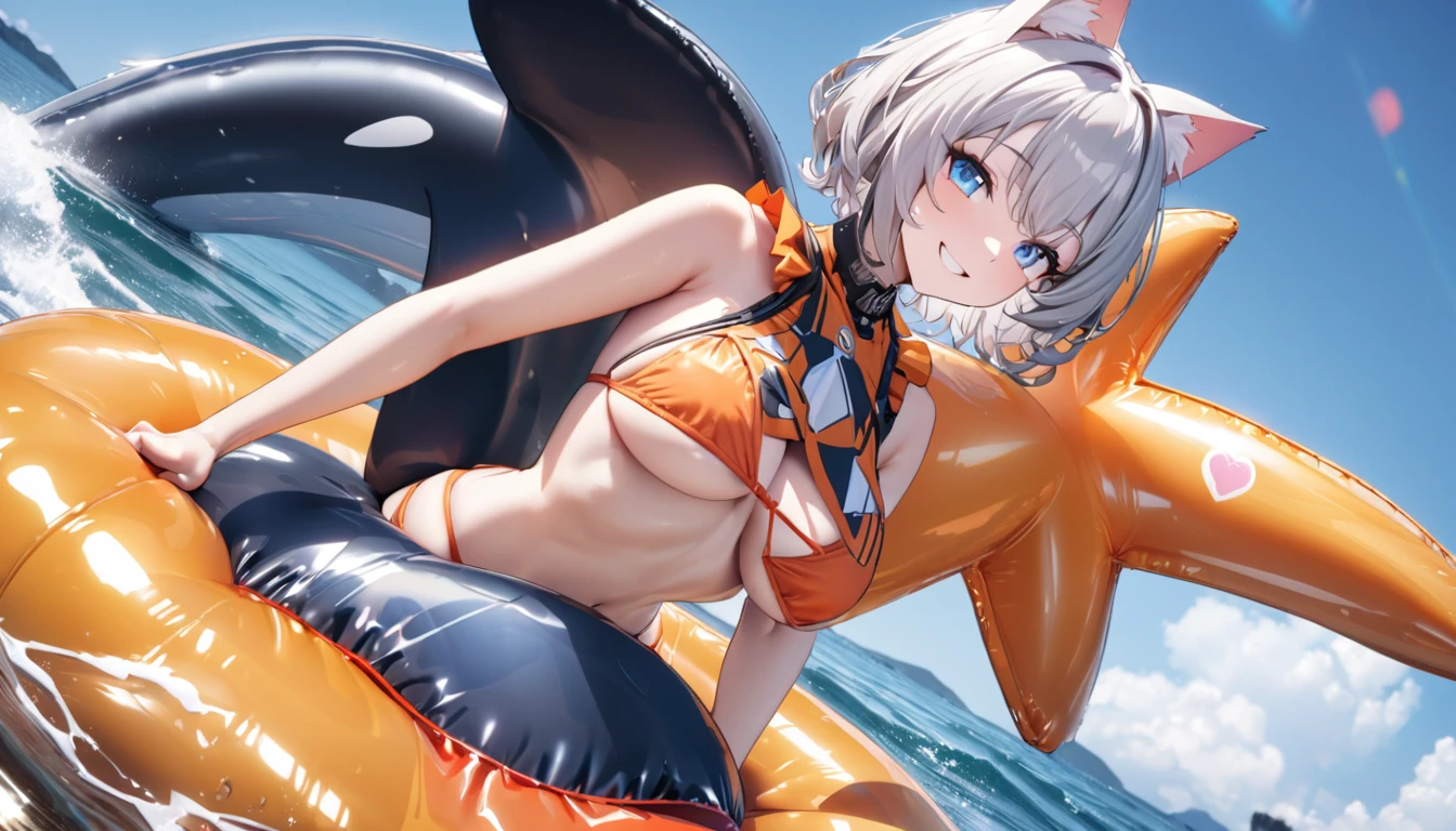 Ride an inflatable killer whale float、1girl、(((best quality)), ((masterpiece)), (details), masterpiece, best quality, high quality, ulutra detailed, perfect face, ((1girl, Blue eyes, cat ears: 1.3 silver bob hair: 2.5,))、Shiny Hair、Glowing Skin、smile、Lustful look、I can see your toned stomach、Sideboob、Underboob、iding on the inflatable killer whale float.Ocean、Ocean上、Ocean水浴、Orange Bikini、smile、Heart effect、Side Angle