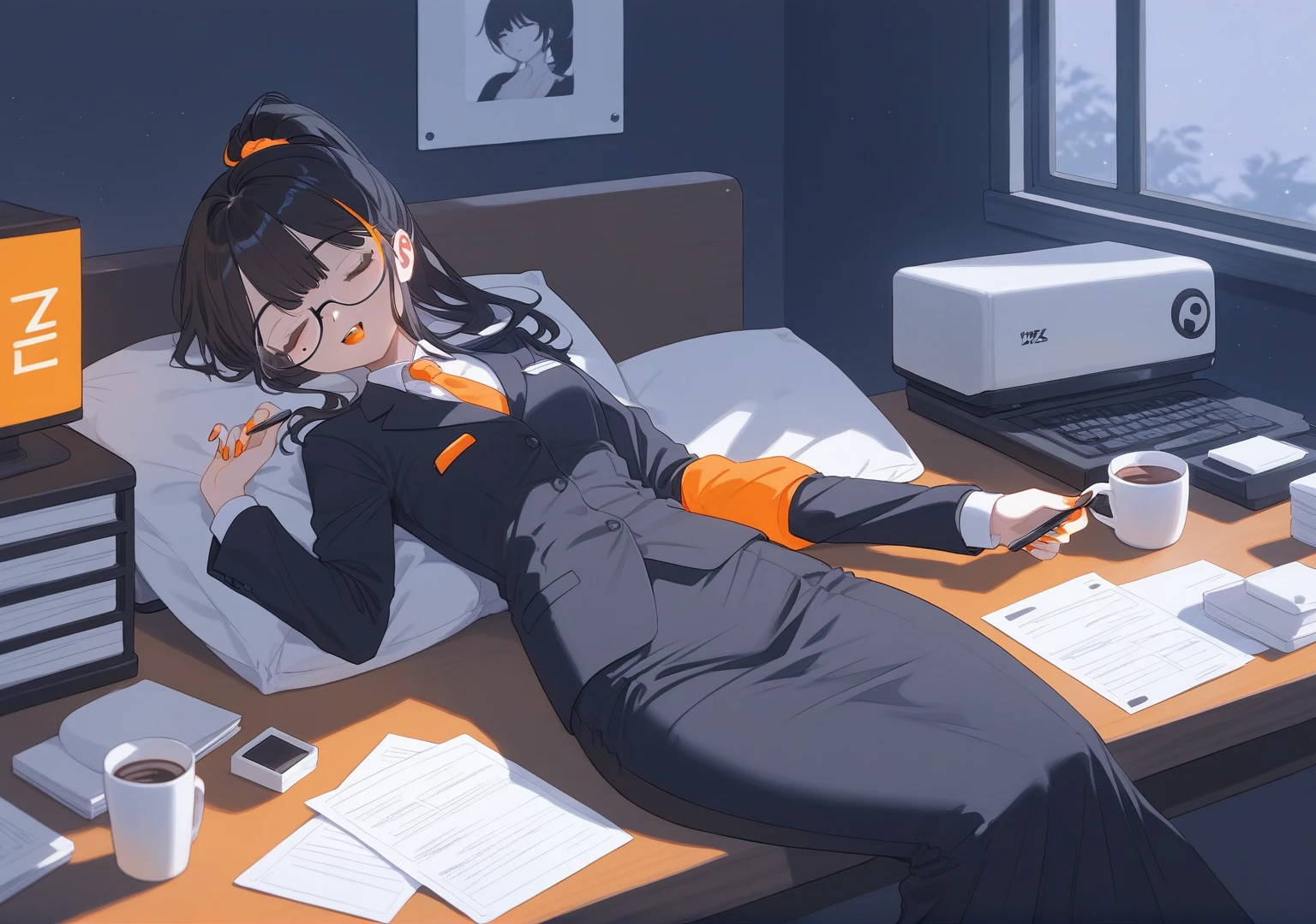 1girl,solo,core_9,score_8_up,score_7_up,1older woman,orange lipstick,secretary outfit,siren glasses,mole,ponytail,orange and black hair,black hair,orange streaks,fangs,sleeping,night,black bed,1woman,sitting on desk,looking at viewer, holding coffee,high quality,detailed