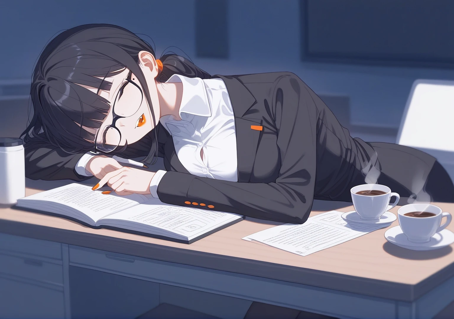 1girl,solo,core_9,score_8_up,score_7_up,1older woman,orange lipstick,secretary outfit,siren glasses,mole,ponytail,orange and black hair,black hair,orange streaks,fangs,sleeping,night,black bed,1woman,sitting on desk,looking at viewer, holding coffee,high quality,detailed