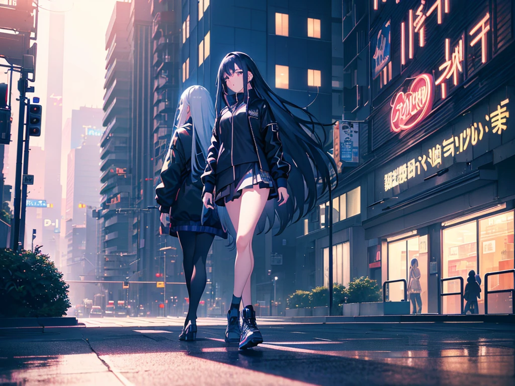 anime, Style, a blue long haired girl, black jacket, black skirt, walking on a futuristc city with neon lights ,(best quality, 4k, 8k, high resolution, obra-prima: 1.2), ultra-detailed, (realista, fotorealista, foto-realista: 1.37) colorido com vibrantes cores, soft lighting