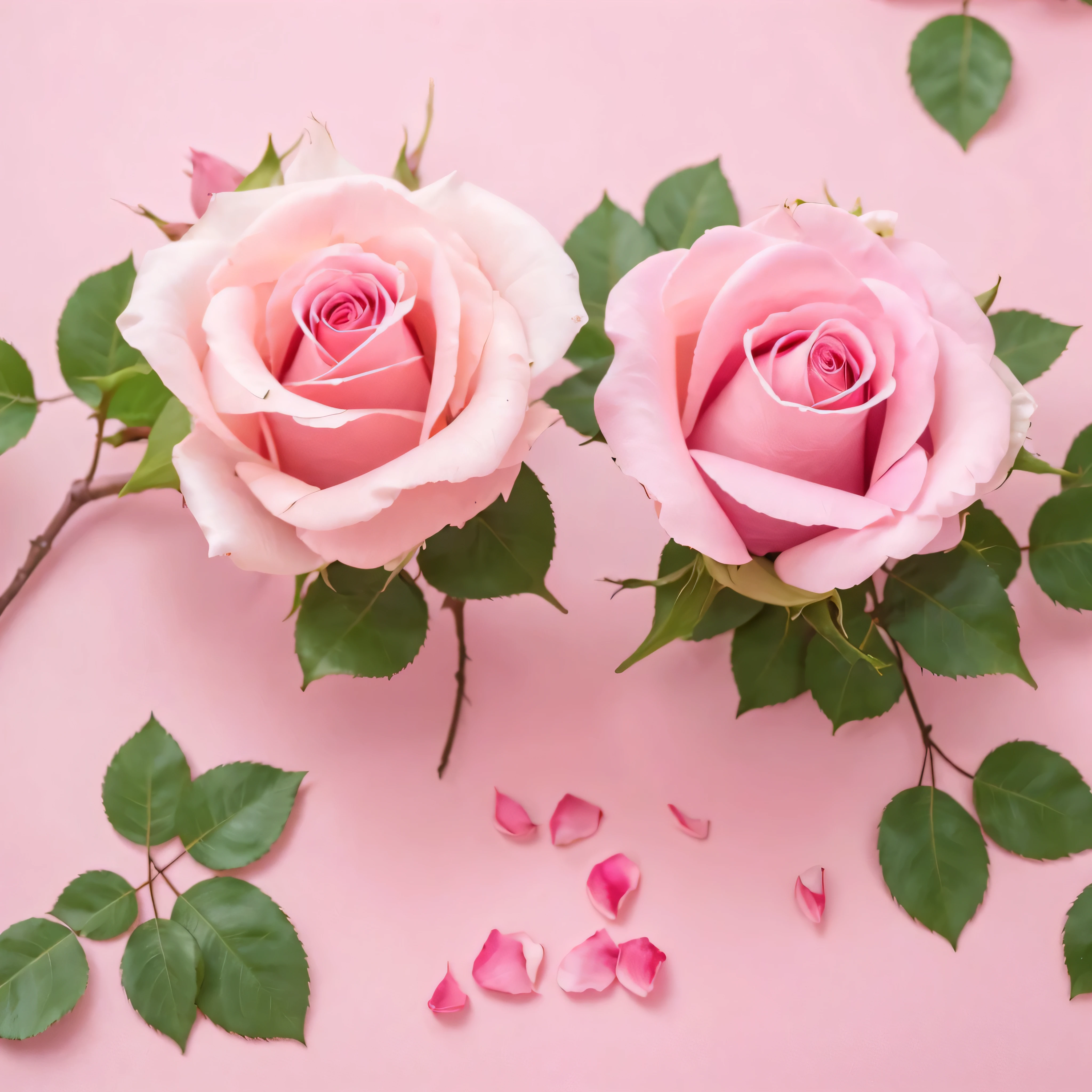 Make a pink rose background,Rose with dew drops,Delicate,Rose petals scattered on the screen,For product posters,Pure picture,Highest quality,Professional aesthetic,16K