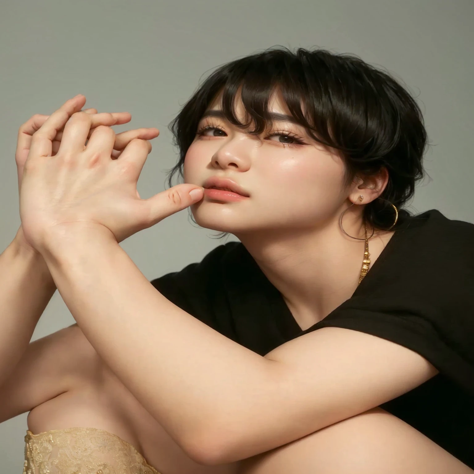 arafedman sitting on a chair with her hand on her chin posing for a picture, jimin\'s plump lips, park jimin, jimin, accurate jimin face, jimin\'s right eyelid swollen, jimin\'s grecian nose, taken in the early 2020s, portrait of Park Jimin of BTS, Jimin, Jimin Park, with same hairstyle