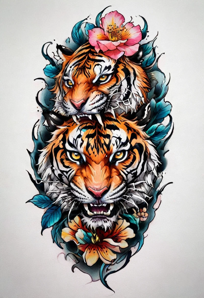 a Tiger with a flower Tattoo designs on its chest, Tom Wennerstrand, Color illustration for tattoo, ((Tiger)), Highly detailed and colorful, Full-color painting, Tattoo designs, Inspired by Kameda Disaster Prevention, Inspired by Kyosai Kawanabe, Highly detailed watercolor 8k, Highly detailed watercolor 8k