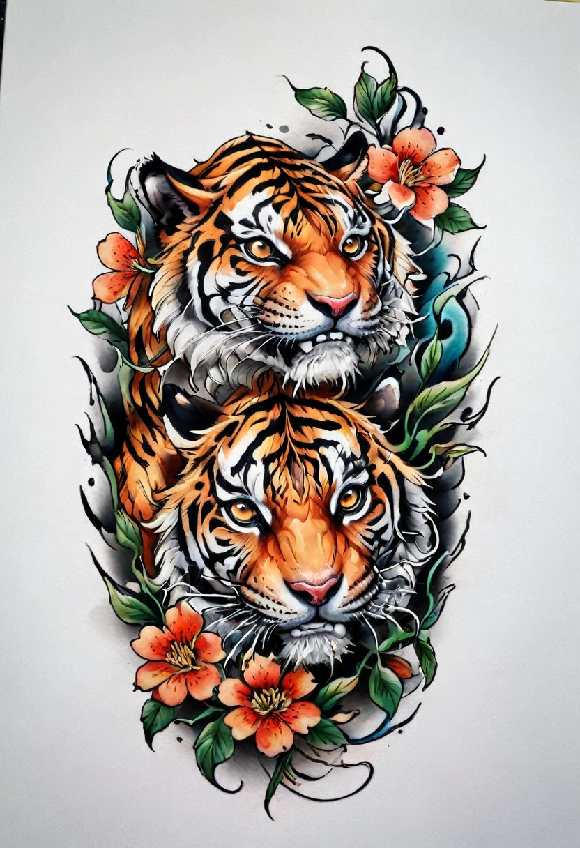 a Tiger with a flower Tattoo designs on its chest, Tom Wennerstrand, Color illustration for tattoo, ((Tiger)), Highly detailed and colorful, Full-color painting, Tattoo designs, Inspired by Kameda Disaster Prevention, Inspired by Kyosai Kawanabe, Highly detailed watercolor 8k, Highly detailed watercolor 8k
