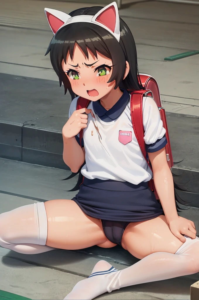 masterpiece, ultra quality, ultra sharp, ultra detailed, 1girl, solo, (((good anatomy))), haduki kurumi, (tattered torn dripping wet white gym shirt), navy gym pants, animal ears, randoseru, name tag, Japanese anime pose, laugh, BurumaShorts, Buruma, Gym Uniform, (((sitting, squatting, spread_legs, legspread, split_legs, spreading legs)), (randoseru backpack:1.4), (female orgasm):1.3, embarrassed, opened mouth, buruma, blue buruma, black buruma, (cameltoe), (tattered torn short sleeve white gym uniform with colored hem), (tiny nipples), (white long loose socks), strong lighting, legspread, bukkake, cum on clothes, cum on legs, cum on buruma, cum on bloomers, (spreading pussy by hands)
