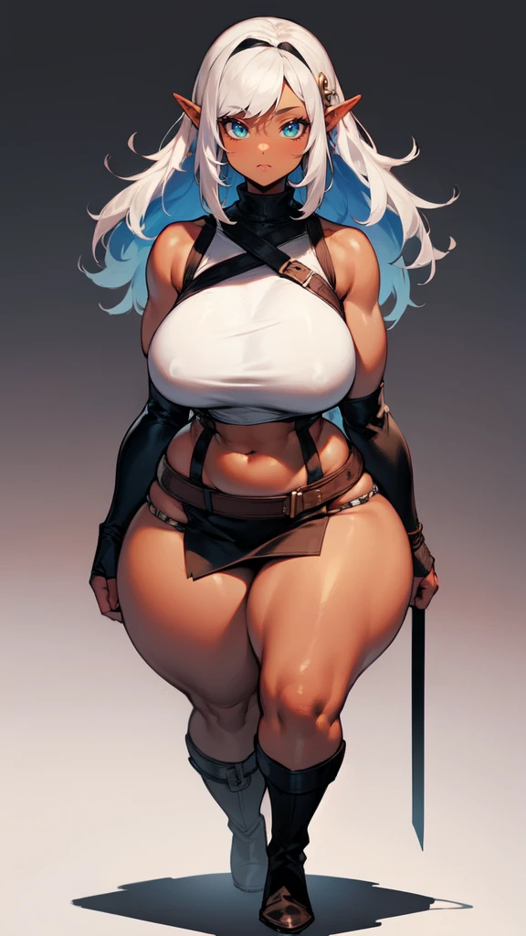((blank background)), (((full body))), masterpiece, best quality, thief girl, ((huge girl)), (random hair color), wide hips:1.7, (thick thighs:1.3), ((dark skin)), ((short brown skirt)), (((long legs))), female muscular:0.8, (curvy:1.7), standing, sleeveless, fingerless gloves, leather armor, ((thick calves)), ((hime cut)), ((symmetry)), ((long boots)), belt under navel, elf ears