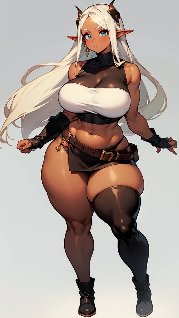 ((blank background)), (((full body))), masterpiece, best quality, thief girl, ((huge girl)), (random hair color), (wide hips:1.7), (thick thighs:1.3), ((dark skin)), ((short brown skirt)), ((long legs)), female muscular:0.8, (curvy:1.7), standing, sleeveless, fingerless gloves, leather armor, ((hime cut)), ((symmetry)), ((long boots)), belt under navel, elf ears