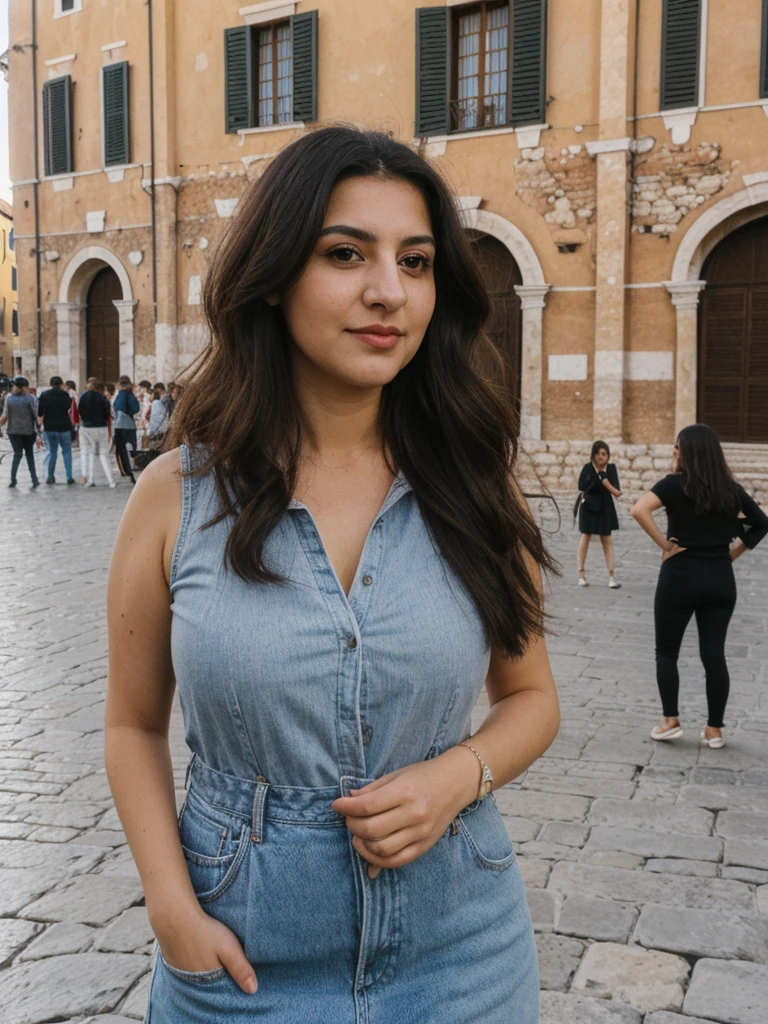 Macedonian woman standing, (northern macecoid), ((in the city of Skopje)), jolie corps, nice face, smirk, beautiful dress, sunbathing, (((Macedonia Square in Skopje))), (statue d'alexandre le grand)