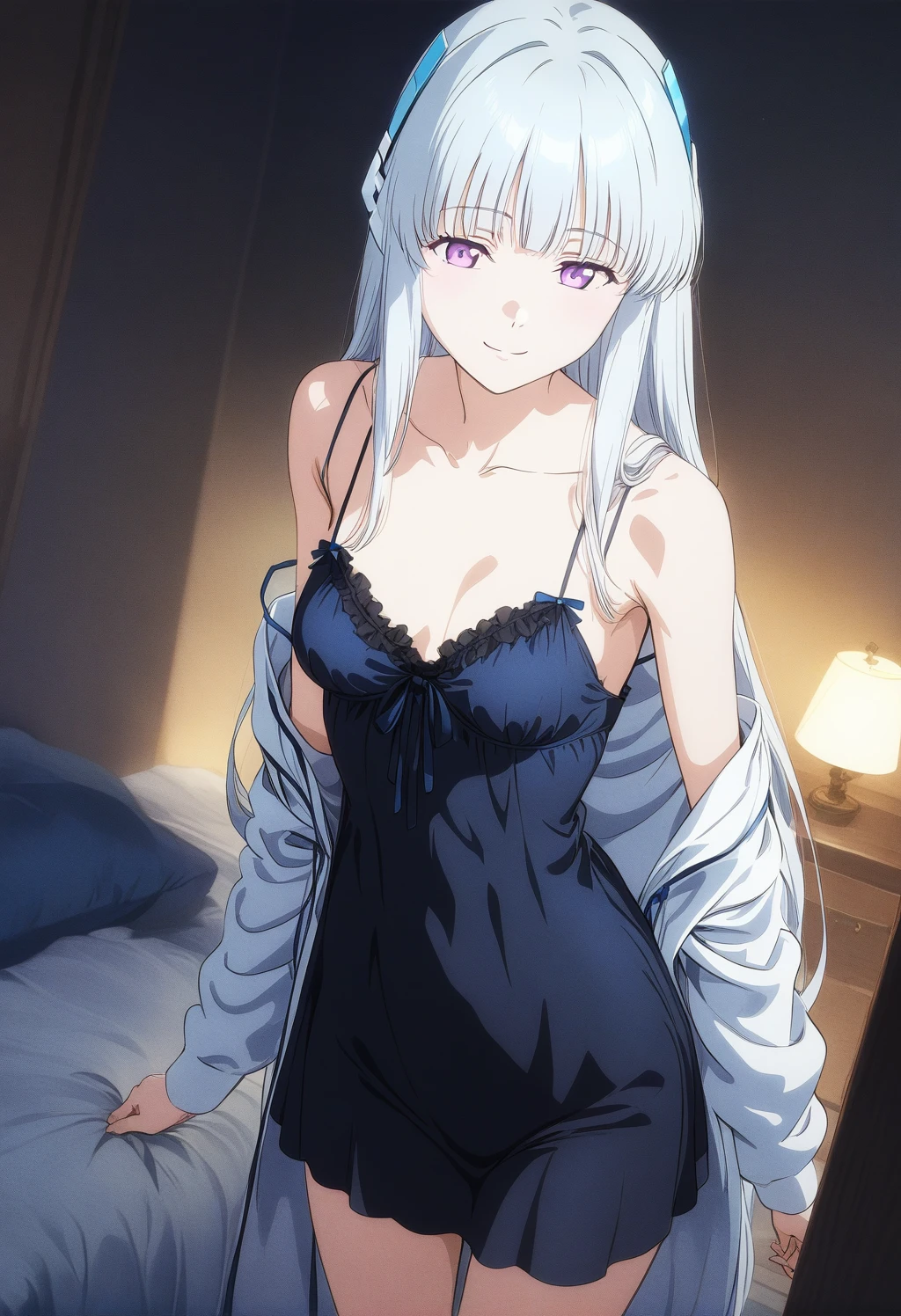 best quality, amazing quality, very aesthetic, absurdres, (1girl, noa, blue archive, solo, purpel eyes, white hair, medium breasts), (realistic face:0.9),(negligee long:1.8), (smile, night, thigh:1.3), (cowboy shot), (glowing eyes), (half closed eyes:0.9), (from above0.9), (official art:1.3), (high angle), expressive eyes, perfect face, 4k, extremely detailed anime illustration, extremely detailed eyes, perfect anatomy, light rays, extremely delicate body, smooth skin, (bedroom background:1.5), clear eyes, beautiful face, looking away,(anime style:1.7), (dark Light:1.5), (highres:2),
