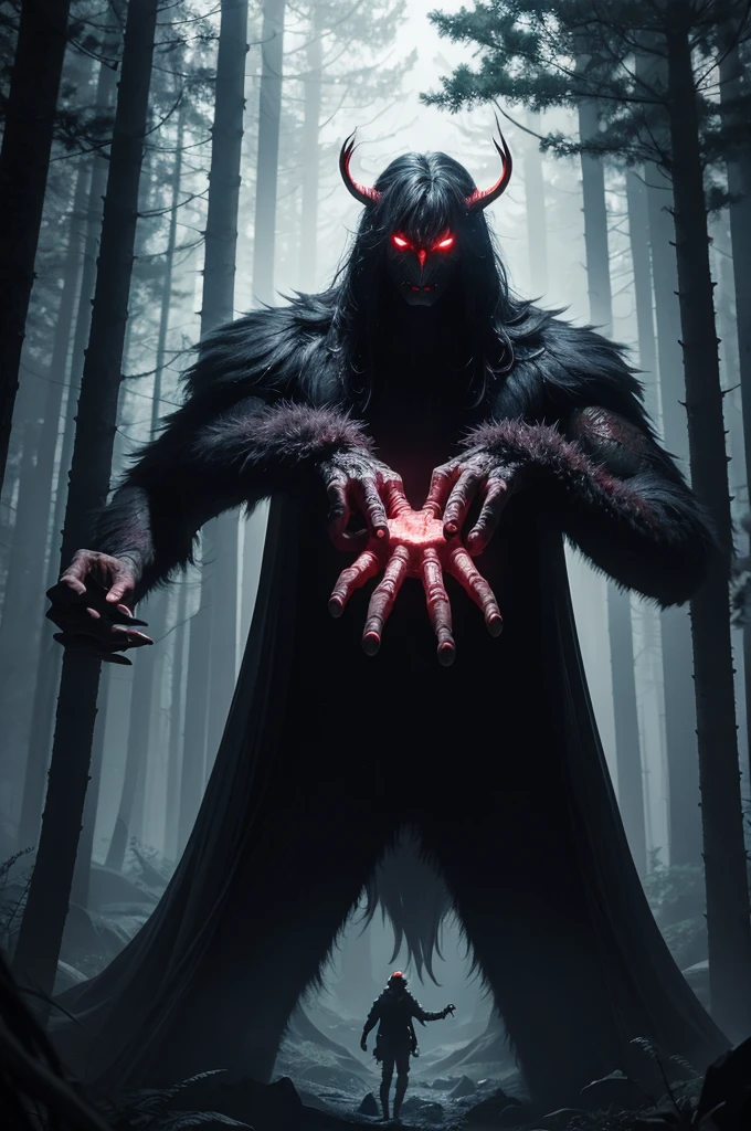 A creature with big hands and long fingers with red eyes in a dark forest 