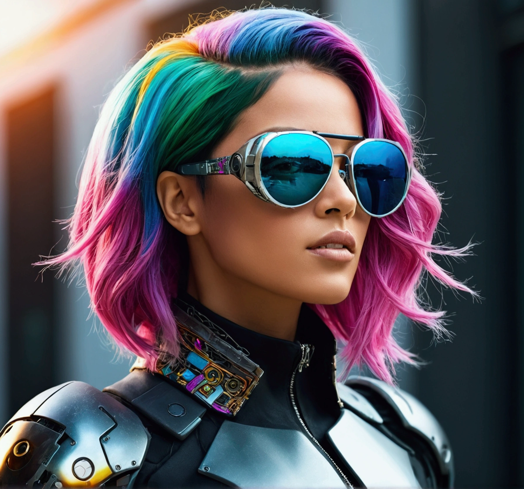 "A stunning, beautiful woman with colorful hair, wearing sunglasses, high-resolution photo capturing the essence of a futuristic cyborg with intricate details and dynamic angles."