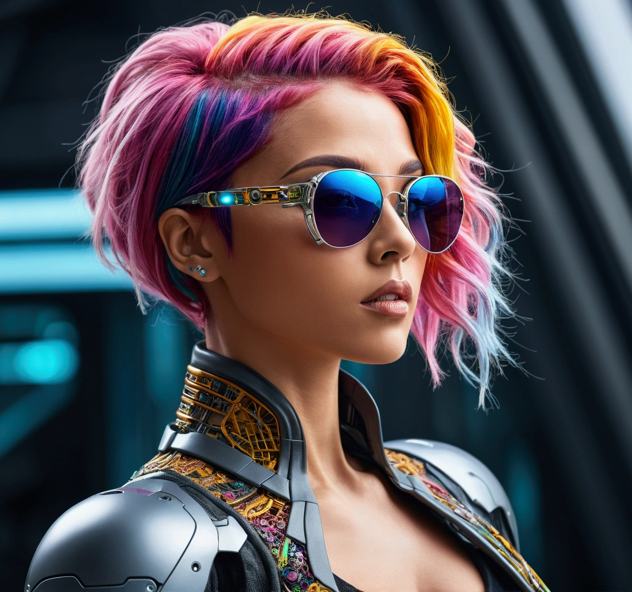 "A stunning, beautiful woman with colorful hair, wearing sunglasses, high-resolution photo capturing the essence of a futuristic cyborg with intricate details and dynamic angles."