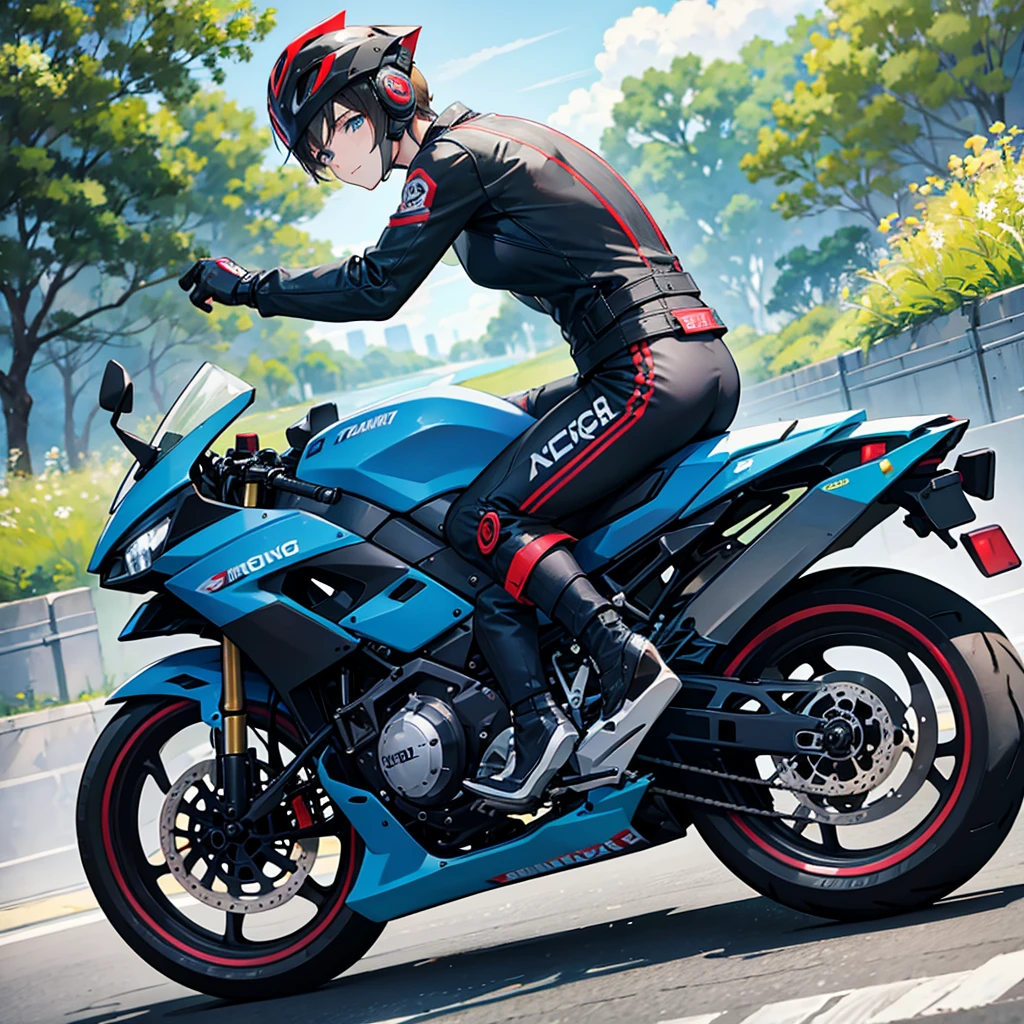Side progile of a young man riding motor cycle full speed