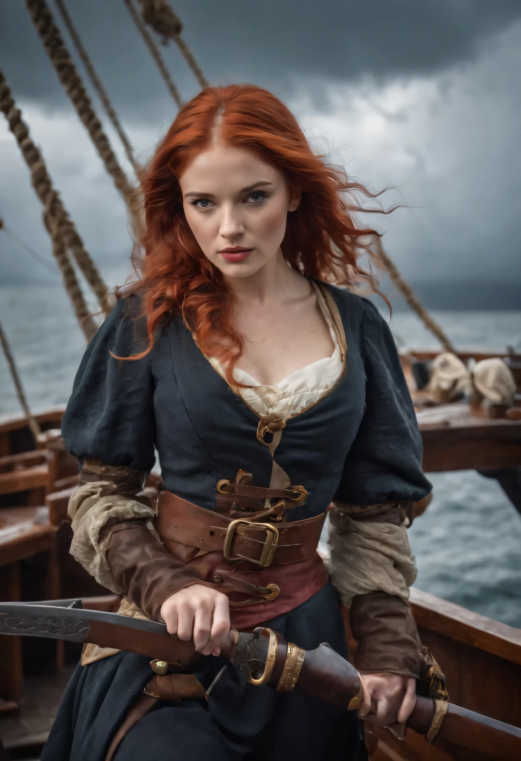 Red-haired pirate，Wears a bayonet sword，Stand on the bow of a pirate ship.，dark storm clouds，sexy clotheany sailors work