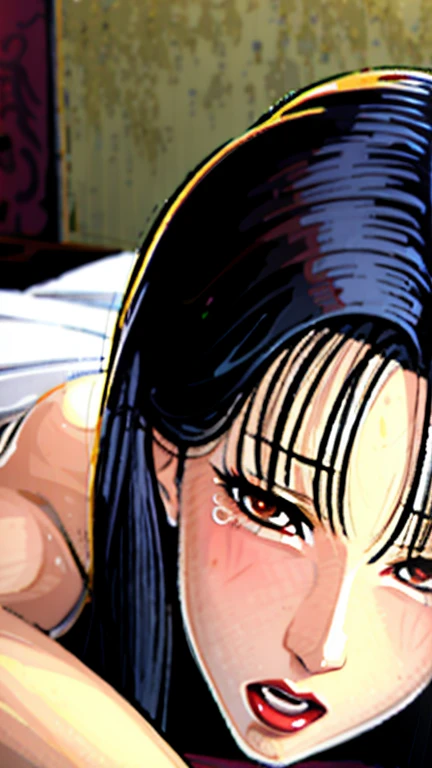 (best quality), (very aesthetic), (ultra-detailed), (best illustration),(a mature female),(perfect face),Suikoden,Mrs. Lin,(((NSFW))),((full_body)),((full_nude)),(crying),Covers mouth with right hand,red cheek,sweating,skinny,flushed skin,(hairly),(Missionary position sex),(resting the back of her head on a pillow),(She is lying face up on chinese traditional bed room),First person view