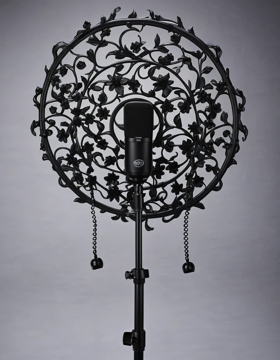 Boom microphone stand, decorated with decorative vines with black gothic flowers