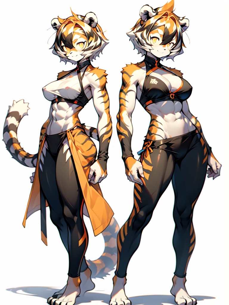 front and back,white background, full body, Standing:1.5, Crotch cloth and bikini bra,animal ears, white hair, black hair, short hair, large breasts, tiger skin,Abdominal muscles, tail, orange eyes, orange hair, multicolored hair, tiger girl, hair between eyes, tiger_ears, tiger_tail, orange-tinted_eyewear, tinted_eyewear, big breasts, evil smile, Shadows under feet, sey ass,NSFW